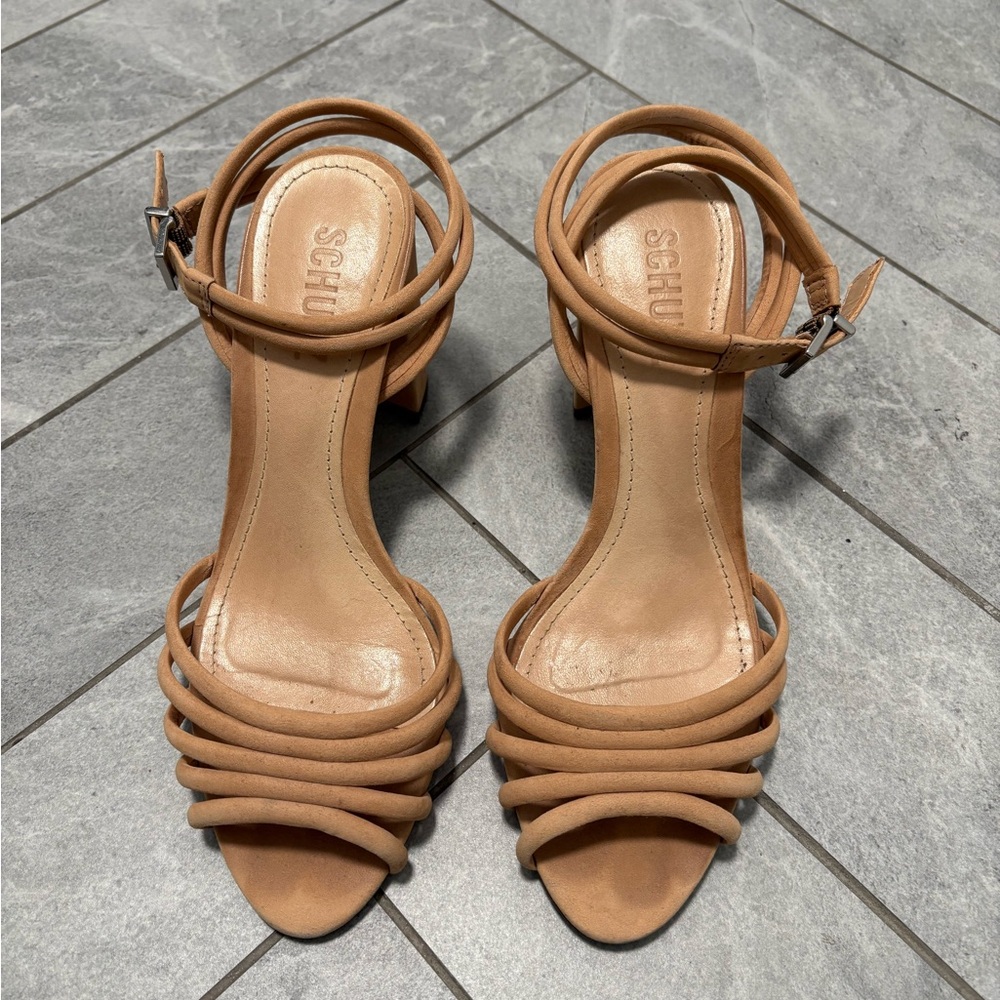 SCHUTZ Tan/Light Pink Suede Strappy Heels